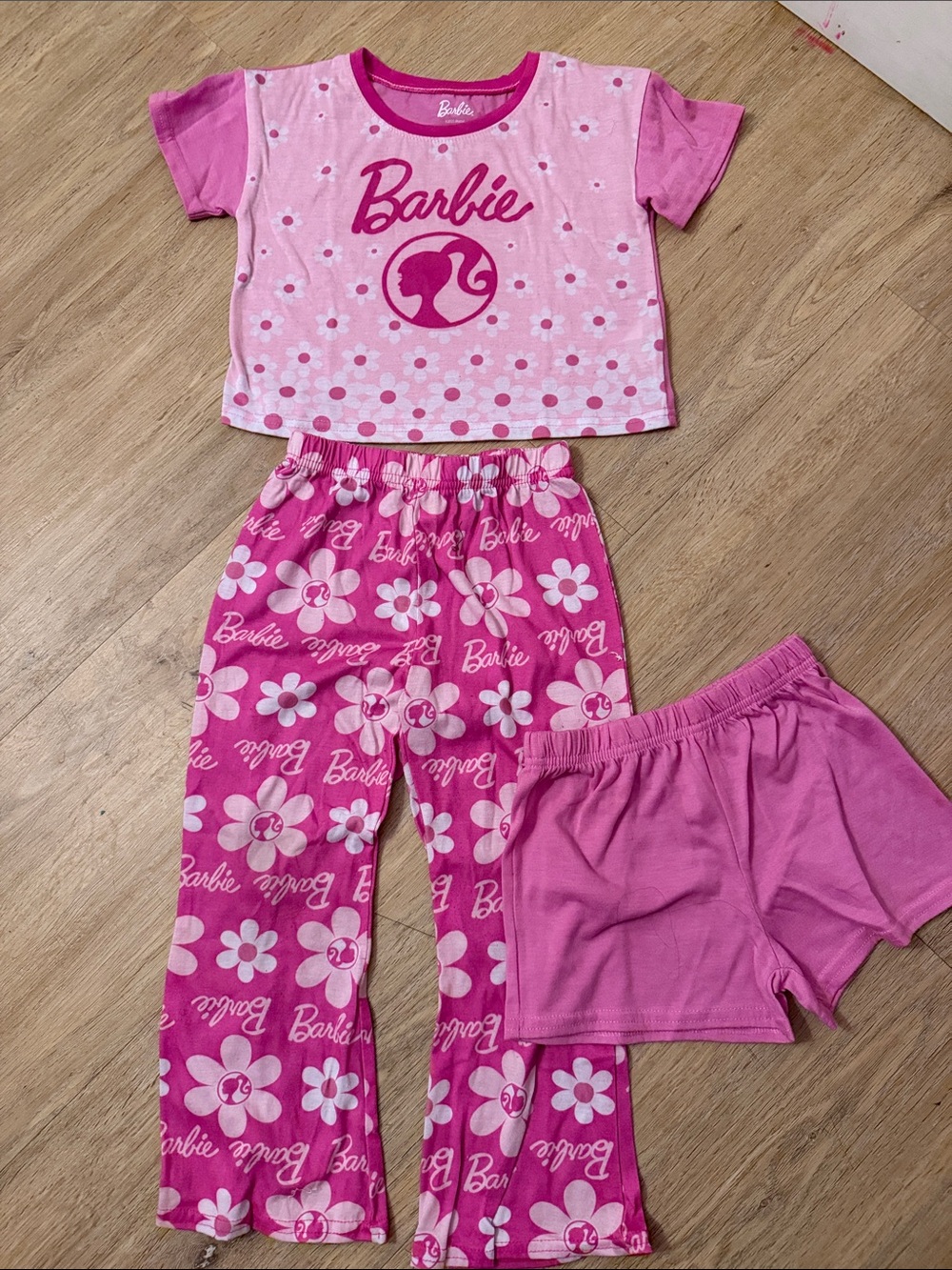 Barbie Pink Floral Short-Sleeve Top with Flower Pants and Shorts Pajama Set